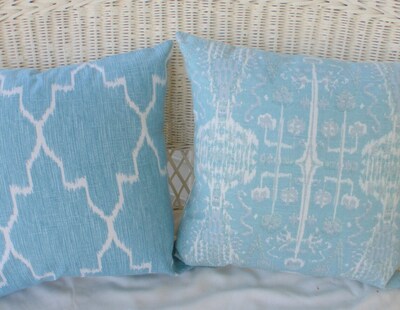 Ikat pillow cover, Mist and White Lacefield Ikat pillow cover, Designer fabric, Blue Ikat Pillows - image3